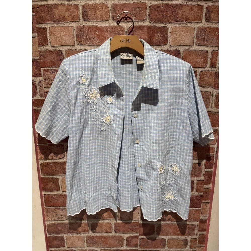 Vintage Koret City Blues Button Up Shirt Blue Floral Embroidered Gingham Size M
